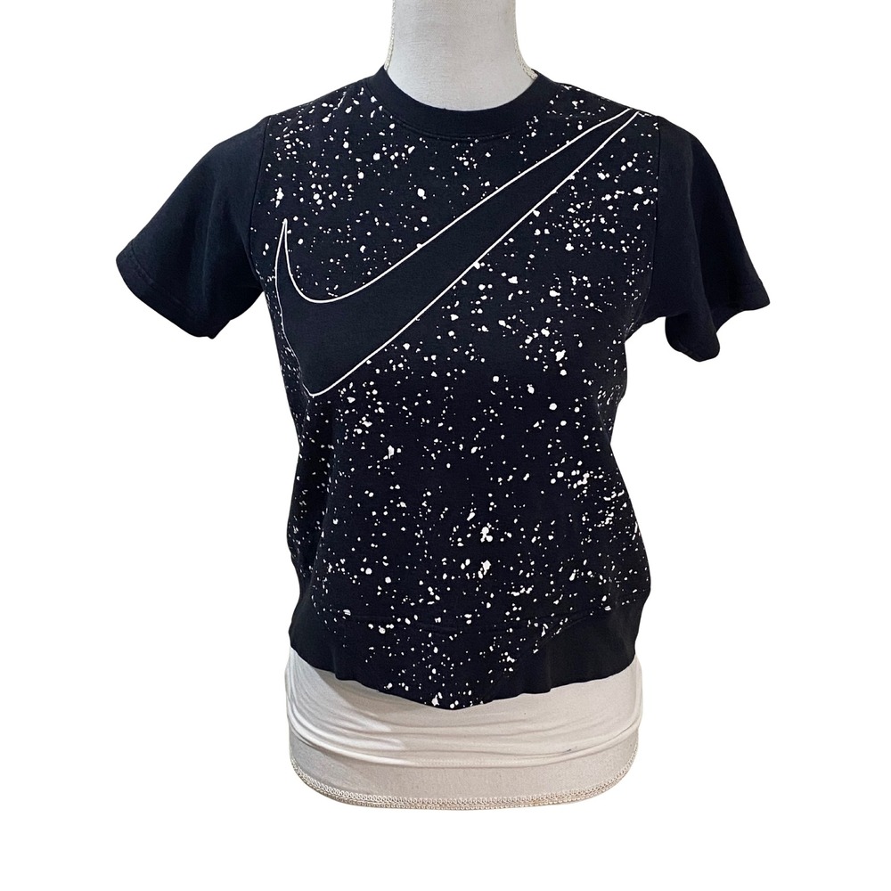 Black Nike Kids All Over Print Swoosh Speckled Athleisure Crewneck Pullover Top